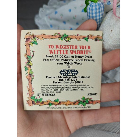 Vintage Wittle Wabbit Webecca Stuffed Bunny Rabbit Doll With Bonnet & Dress - Picture 3 of 11